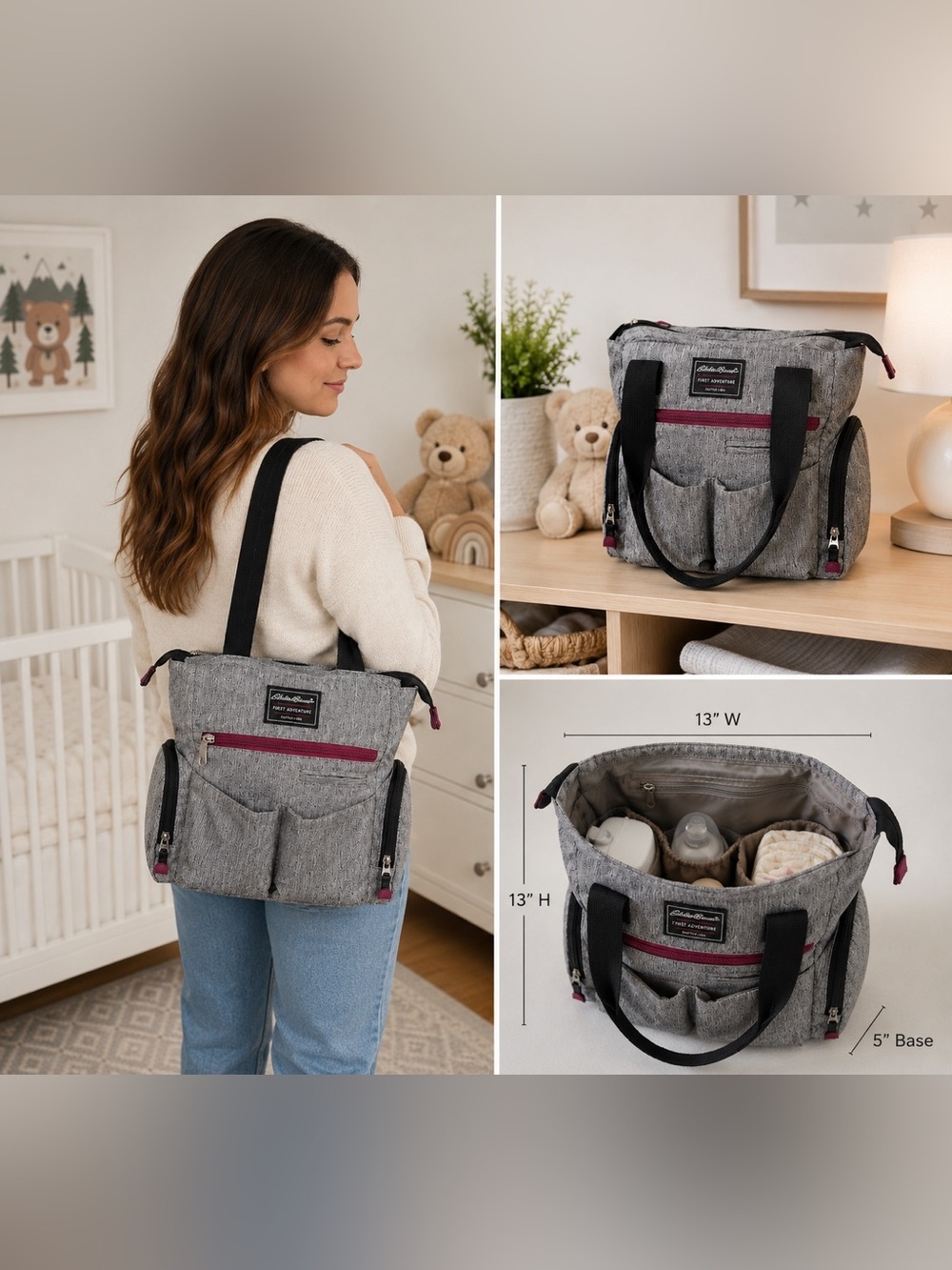 Eddie Bauer First Adventure Diaper Bag Tote | Gray Multi-Pocket Baby Travel Bag